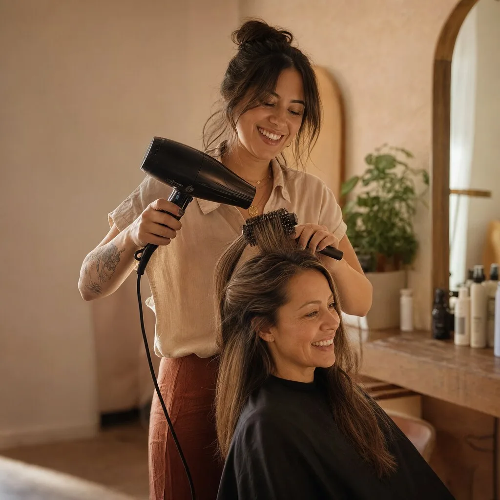 A hair stylist blow-drying a smiling client’s hair in a warm, sunlit independent salon