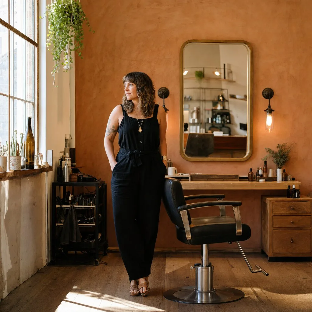 A salon owner standing beside her styling station in a warm, terracotta-walled studio